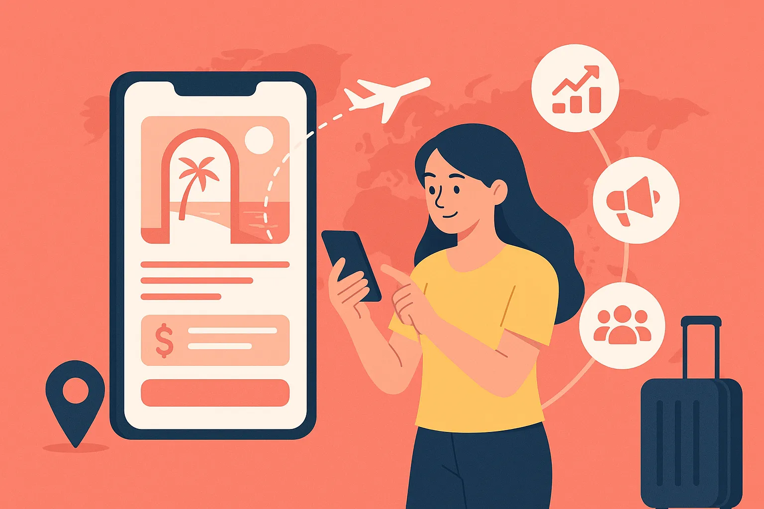travel booking platform app marketing strategy concept with mobile phone, flight icons, influencers, and analytics charts