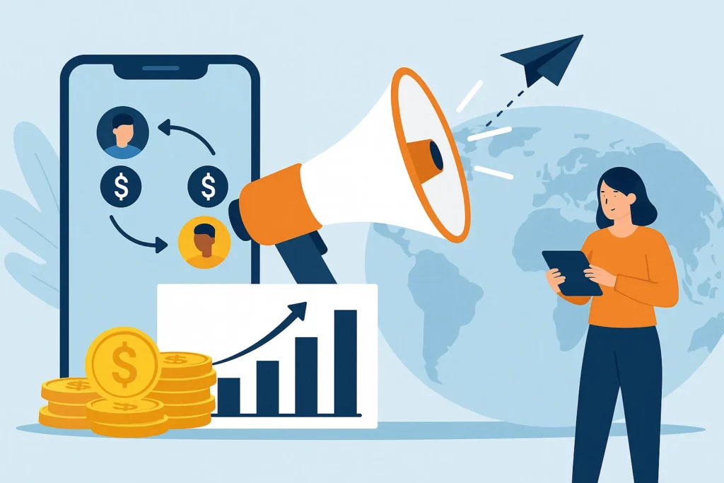Global money transfer marketing strategy concept with smartphone, users, and location pins