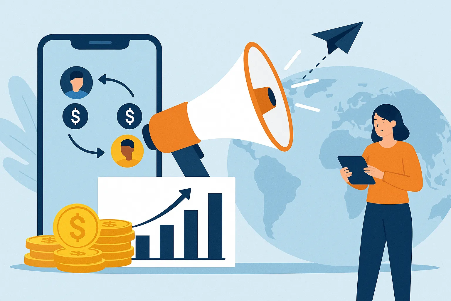 Global money transfer marketing strategy concept with smartphone, users, and location pins