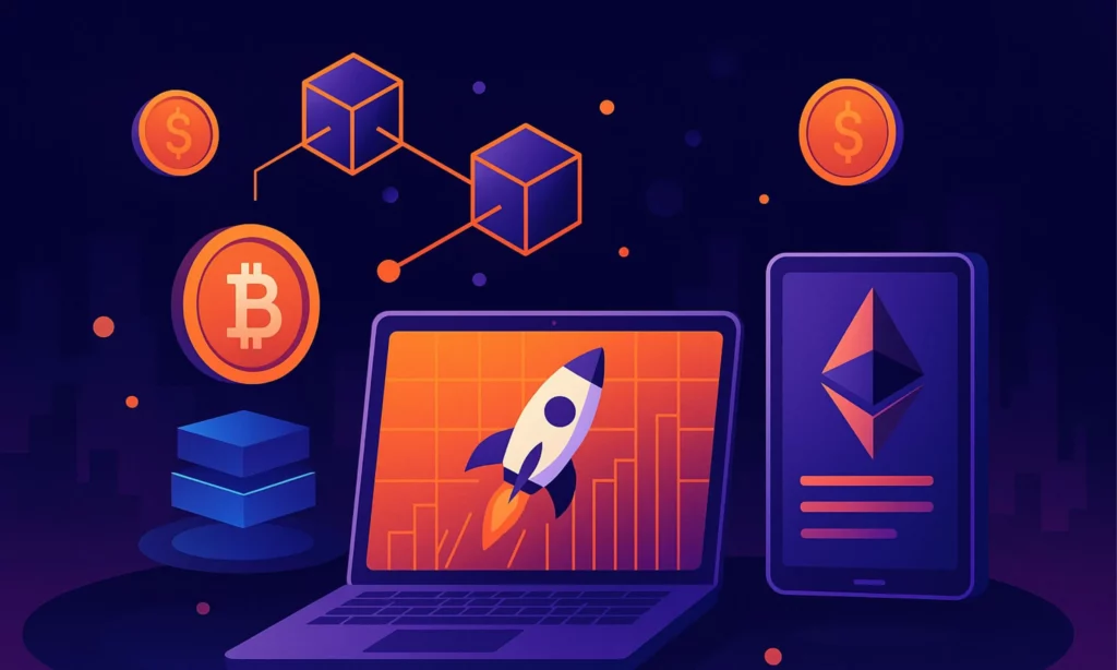 Futuristic illustration of blockchain and crypto launchpad technology with laptop, Ethereum, and Bitcoin visuals
