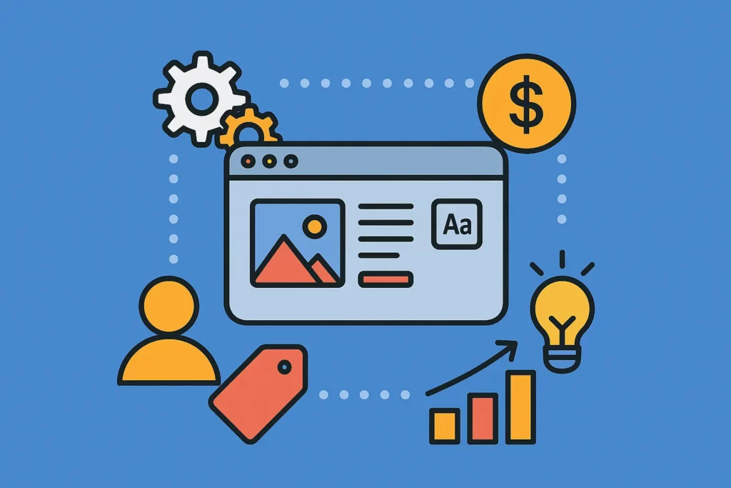 Colorful illustration showing a website builder screen with monetization icons such as dollar sign, gear, lightbulb, and chart, representing SaaS revenue strategies.