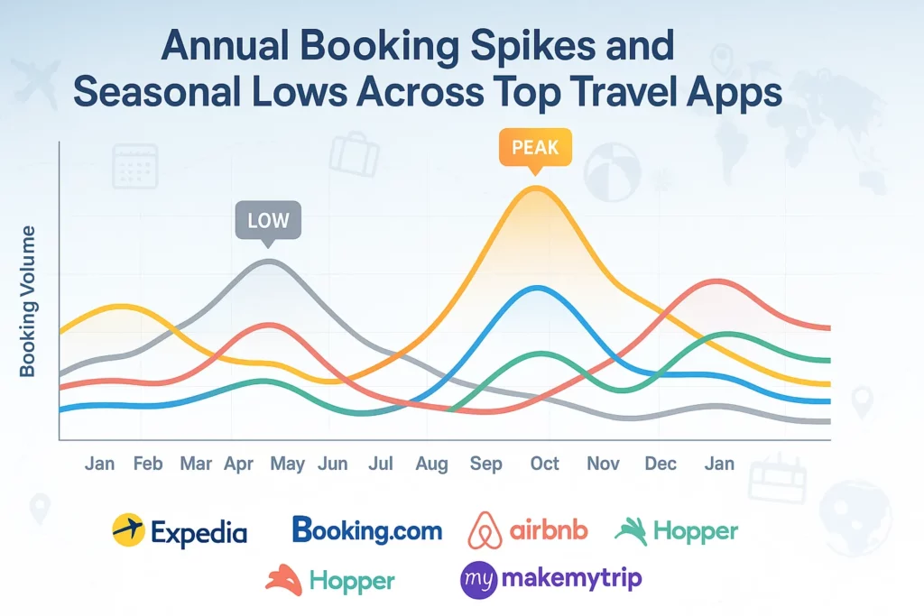 annual booking spikes and seasonal lows across top travel app
