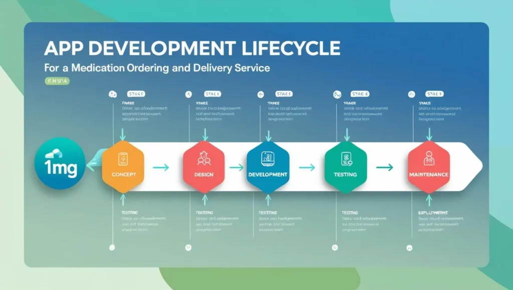 “Illustrated app development lifecycle showcasing stages such as planning, UI/UX design, coding, testing, deployment, and support for a digital pharmacy platform.”