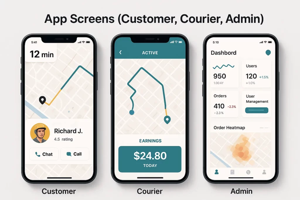 Glovo App Screens (Customer, Courier, Admin)