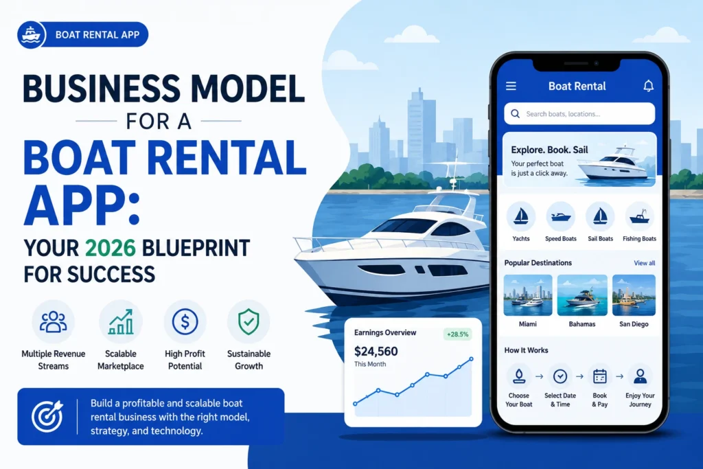 Corporate vector feature image showing a boat rental app business model with yacht illustration, mobile booking interface, revenue analytics dashboard, and scalable marketplace concepts in a modern blue theme.