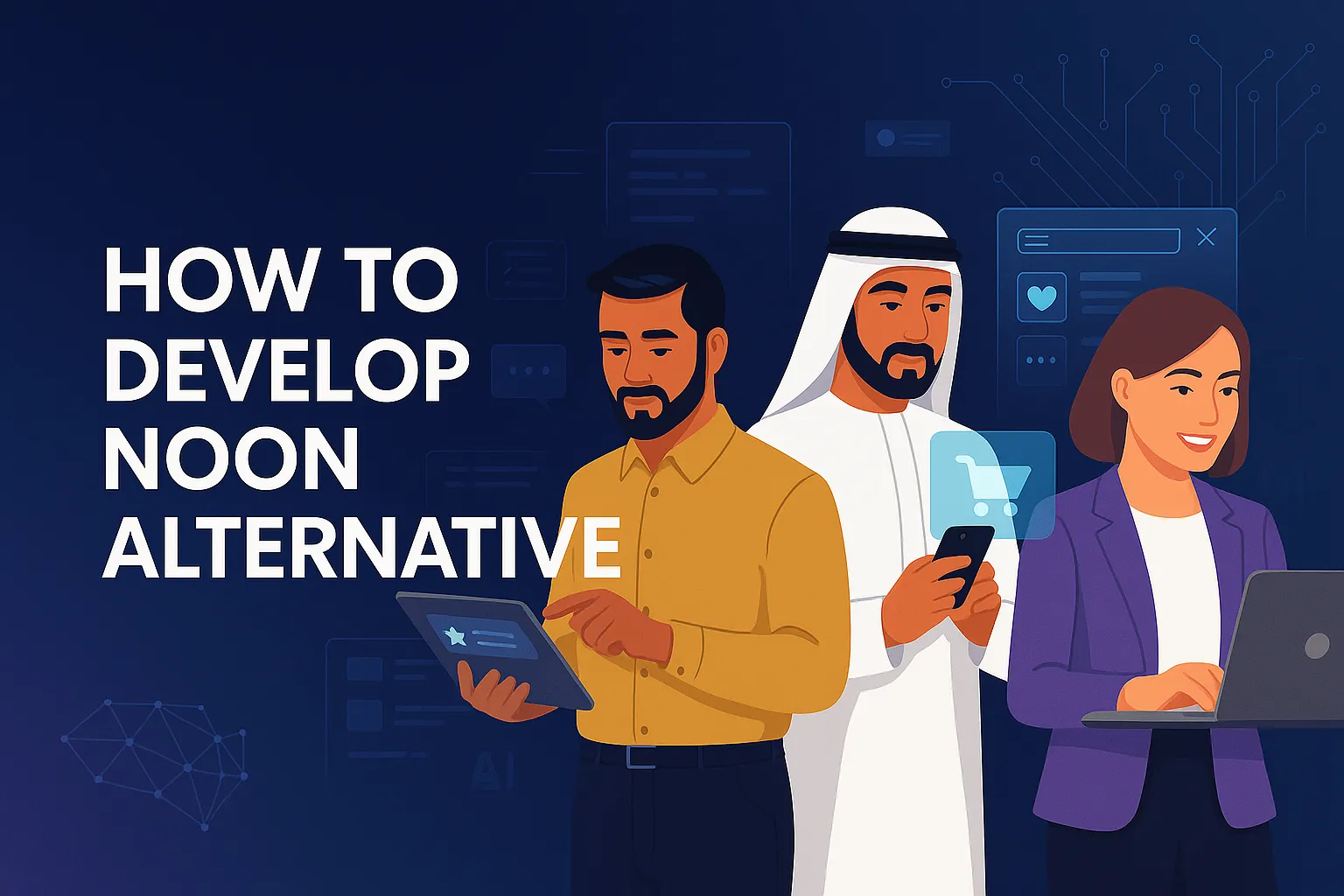 Digital illustration of three professionals using various devices, with app interface elements and holographic icons in the background, alongside the text "How to Develop Noon Alternative" on a blue gradient tech-themed backdrop.