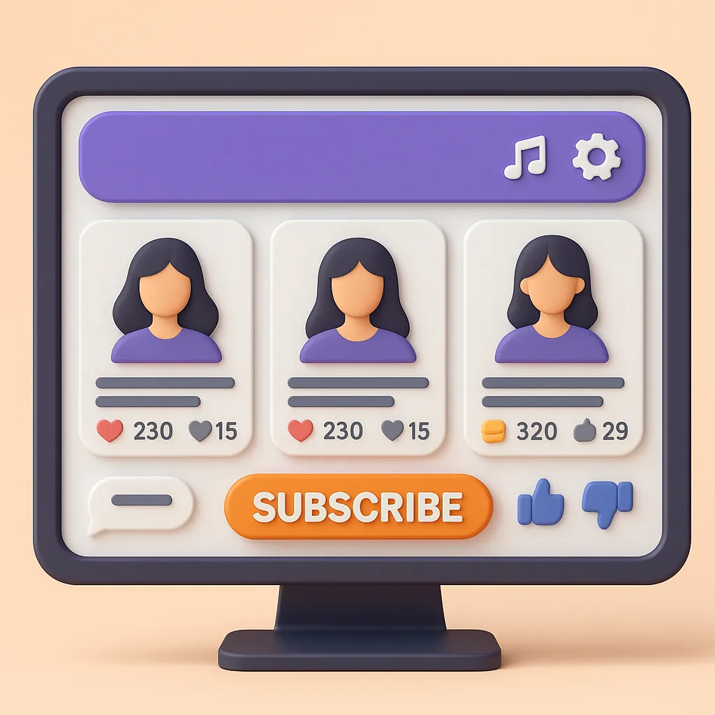 3D-rendered computer monitor displaying a content subscription platform interface with profile avatars, engagement icons, and a large orange "SUBSCRIBE" button, set against a peach background.