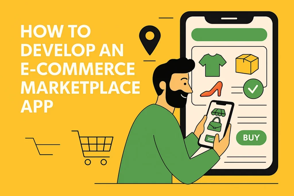 Flat-style digital illustration with bold text “How to Develop an E-commerce Marketplace App,” showing diverse entrepreneurs managing products and dashboards across devices, symbolizing multi-vendor marketplace growth.