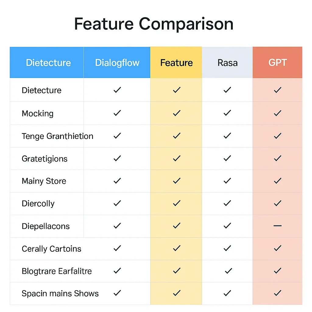 A colorful feature comparison table with four columns labeled Dialogflow, Feature, Rasa, and GPT. Each row lists a different feature with checkmarks indicating availability across platforms.
