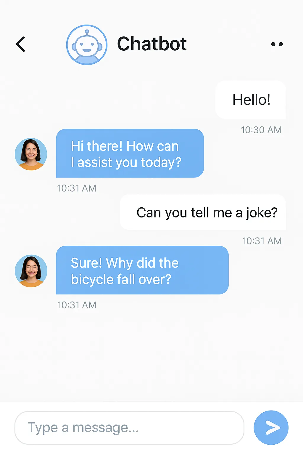 Simulated chat interface resembling a chatbot conversation, featuring message bubbles between a user and an AI assistant. The user’s messages appear in white bubbles on the right, while the AI's responses are in blue bubbles on the left, accompanied by a circular avatar. The screen includes timestamps, a chatbot header icon, and a message input field with a send button at the bottom.