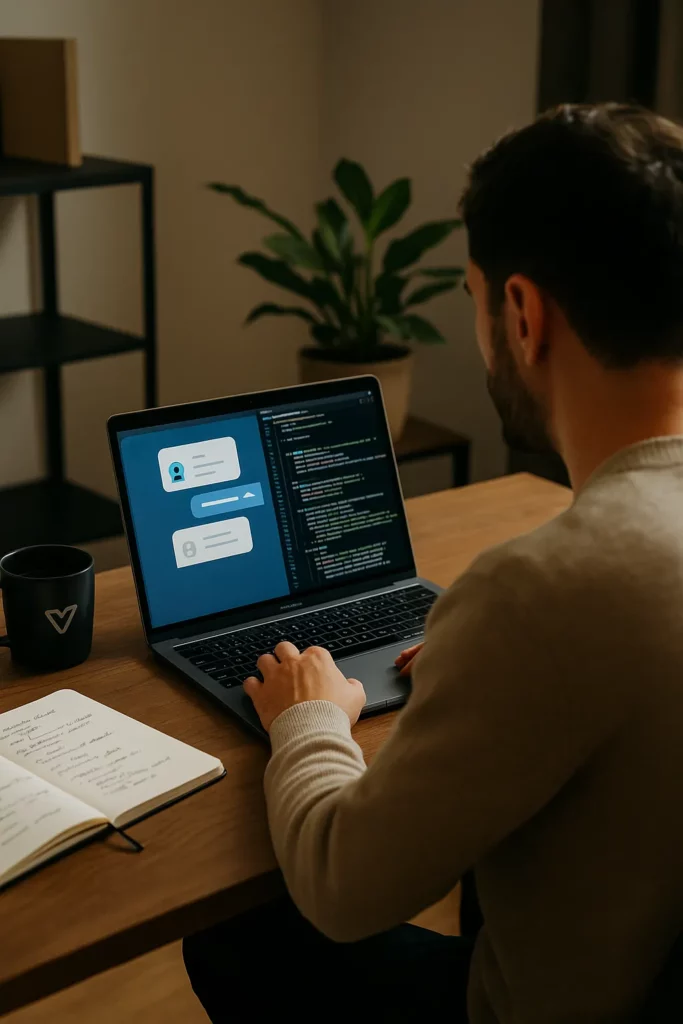 Man sitting at a desk coding an AI chatbot on his laptop, with visible message interface and code editor in a cozy, plant-decorated room.