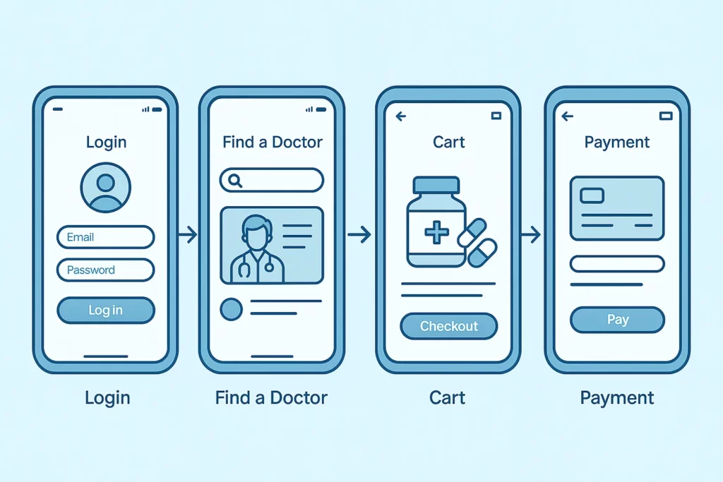 Flat-style digital illustration showing a four-step onboarding flow for a healthcare app. The sequence includes screens labeled: "Login" (email and password fields), "Find a Doctor" (search bar and doctor profile), "Cart" (pill bottle and checkout button), and "Payment" (credit card form and pay button). Each screen is connected by right-facing arrows, set against a light blue background for clarity and user flow representation.