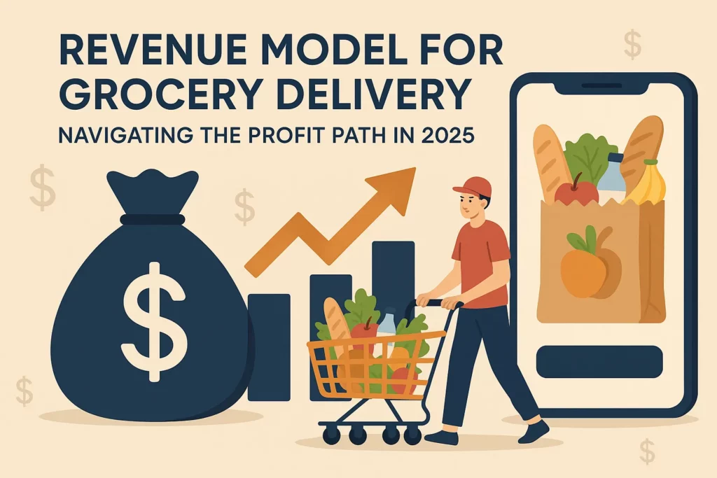 Illustration of a delivery person pushing a grocery cart, a large money bag, upward financial chart, and a smartphone displaying a grocery bag—depicting the revenue model of grocery delivery in 2025.