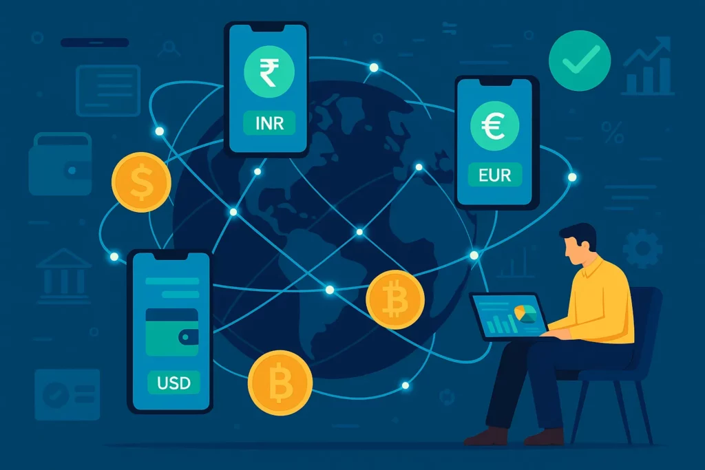 Digital illustration of a man using a fintech platform to send international money transfers through smartphones connected to a global network