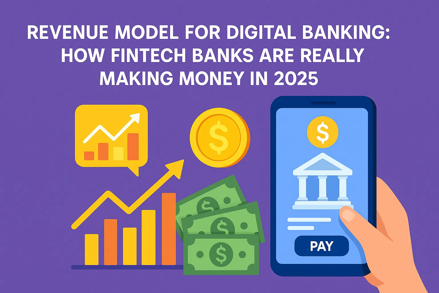 A flat-style illustration showing a smartphone with a "PAY" button, digital bank icon, rising bar charts, dollar coins, and cash notes, symbolizing fintech revenue strategies in 2025.