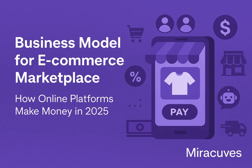 Flat-style digital illustration of a smartphone with a storefront screen showing a t-shirt, surrounded by icons like a shopping cart, user avatars, dollar sign, chatbot, delivery truck, and shop, all in purple tones representing e-commerce marketplace operations.