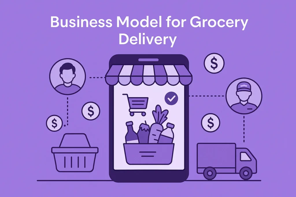 Flat-style illustration of a smartphone with a storefront UI showing grocery items inside a cart, surrounded by icons of a user, delivery driver, delivery truck, dollar signs, and a shopping basket, all set in a purple theme.