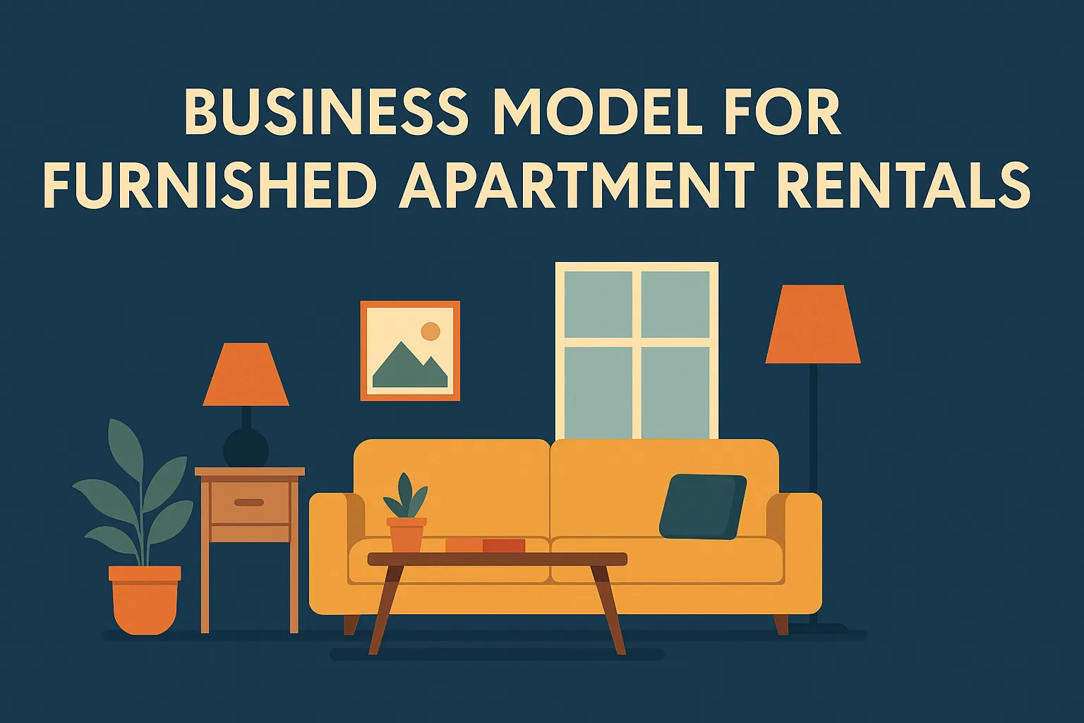 Flat-style digital illustration of a cozy furnished living room featuring a mustard yellow sofa, potted plants, wooden furniture, and warm lighting, set beneath a large window with a deep blue background and bold title text.