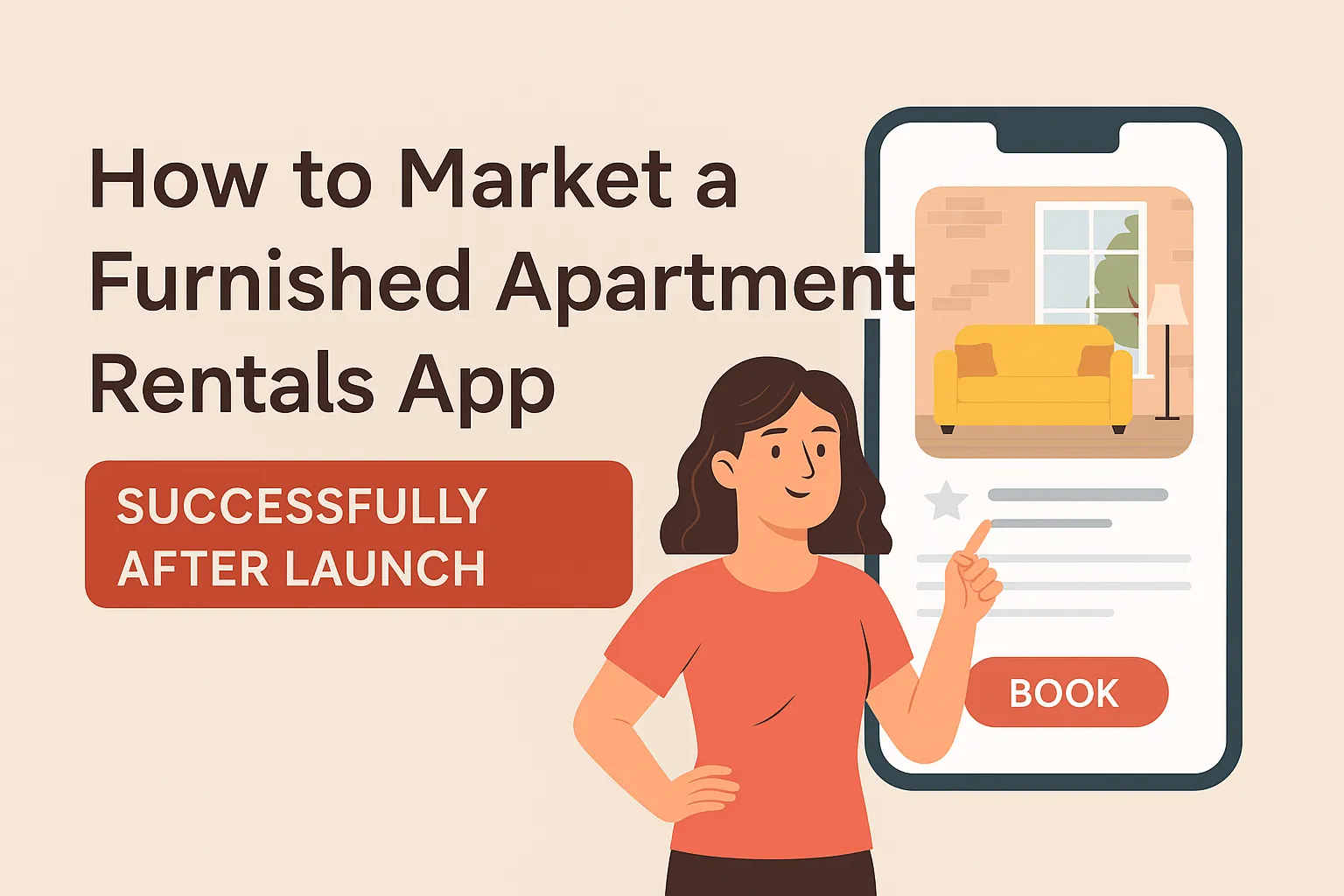 Banner for “How to Market a Furnished Apartment Rentals App Successfully After Launch” showing a woman interacting with a mobile app listing a furnished apartment, created for Miracuves.