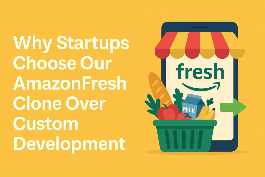 Illustration of a grocery shopping app interface on a smartphone with a shopping basket full of fresh produce and milk, alongside the blog title in bold white text on a yellow background.