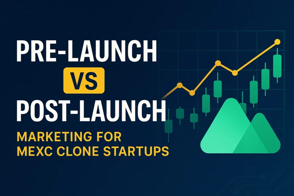 Banner image comparing pre-launch and post-launch marketing strategies for MEXC clone startups, featuring a bold VS headline, financial chart, and crypto graphics on a dark blue background.