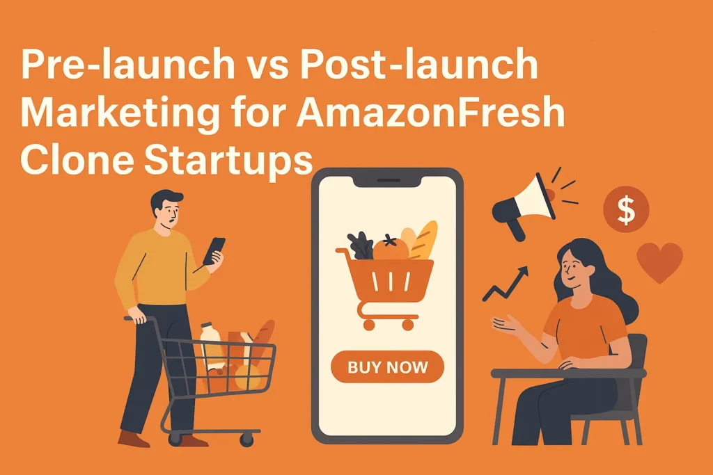 Flat-style banner showing a man shopping with a grocery cart and a woman using marketing tools, centered around a smartphone with a grocery app and the words “Buy Now,” illustrating pre-launch vs post-launch marketing for AmazonFresh clone startups.