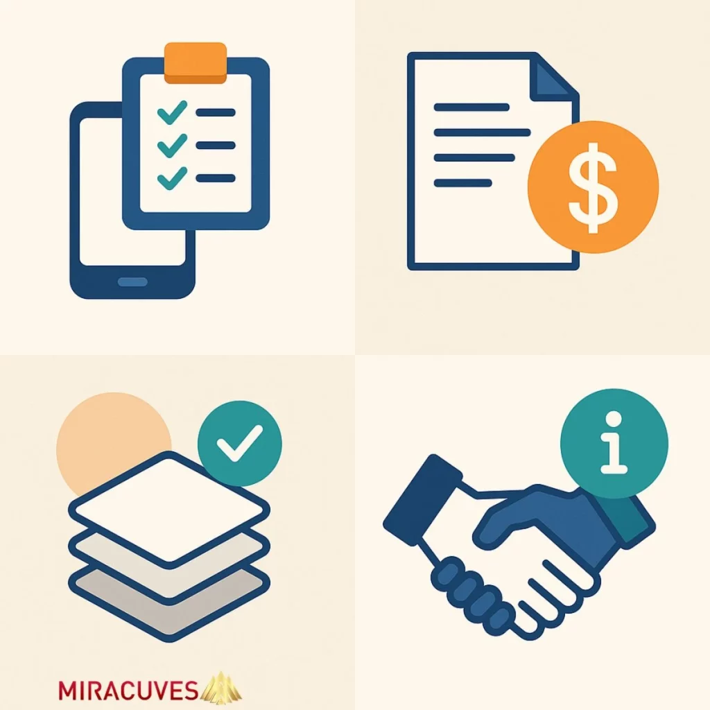 Four illustrated icons showing proposal checklist, cost breakdown, layered delivery, and handshake for value comparison