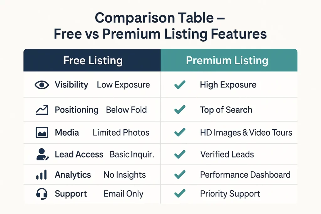 Comparison Table – Free vs Premium Listing Features