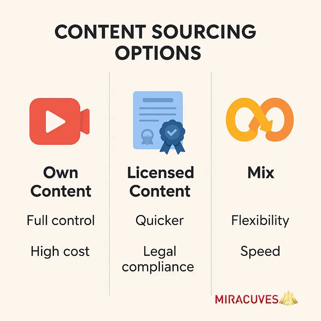 Three content sourcing options for Netflix clone: own, licensed, or mix