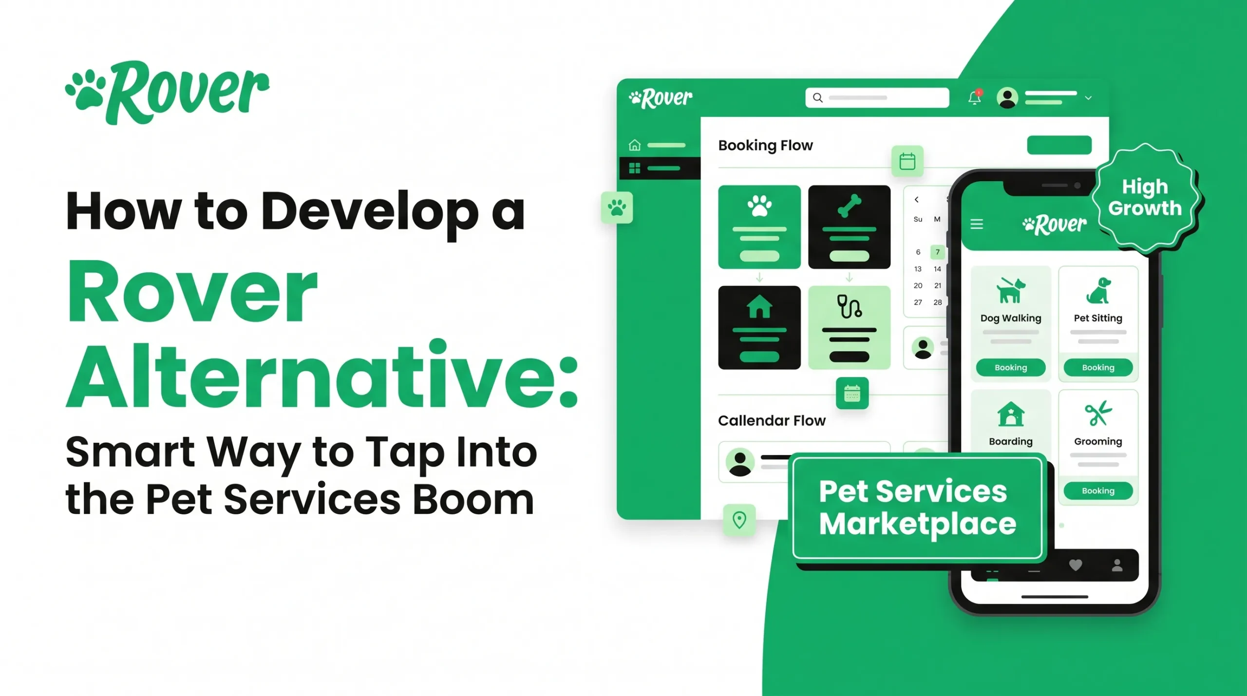 Rover alternative banner showing a pet services marketplace app with dog walking, pet sitting, boarding, grooming, booking flow, calendar flow, and high-growth pet service features.