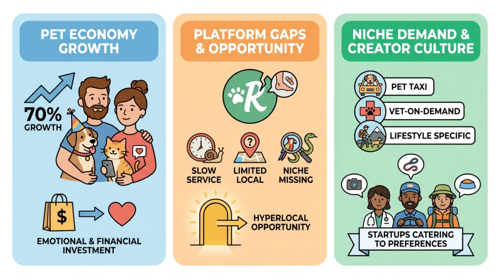 How to Develop a Rover Alternative: Smart Way to Tap Into the Pet Services Boom 1 Infographic showing Rover alternative market opportunities with pet economy growth, platform gaps, hyperlocal pet services, niche demand, pet taxi, vet-on-demand, and lifestyle-specific pet care.