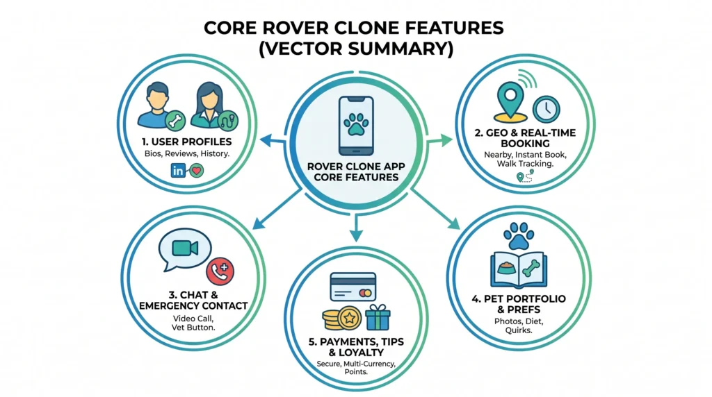 How to Develop a Rover Alternative: Smart Way to Tap Into the Pet Services Boom 2 Infographic showing core Rover clone app features including user profiles, geo and real-time booking, chat, emergency contact, pet portfolio, payments, tips, and loyalty features.