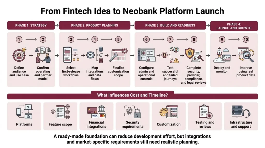 Ten-step neobank platform launch process from audience research and integrations to deployment, monitoring, and product improvement