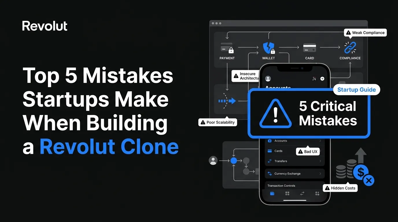 Top five mistakes startups make when building a Revolut clone, including weak compliance, insecure architecture, poor scalability, bad UX, and hidden costs.