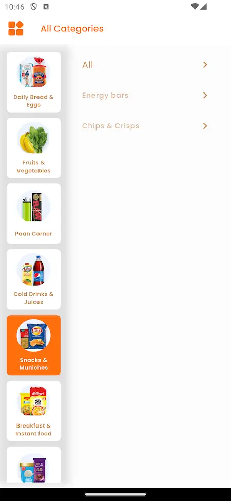 Grofers clone app snacks category Screenshot