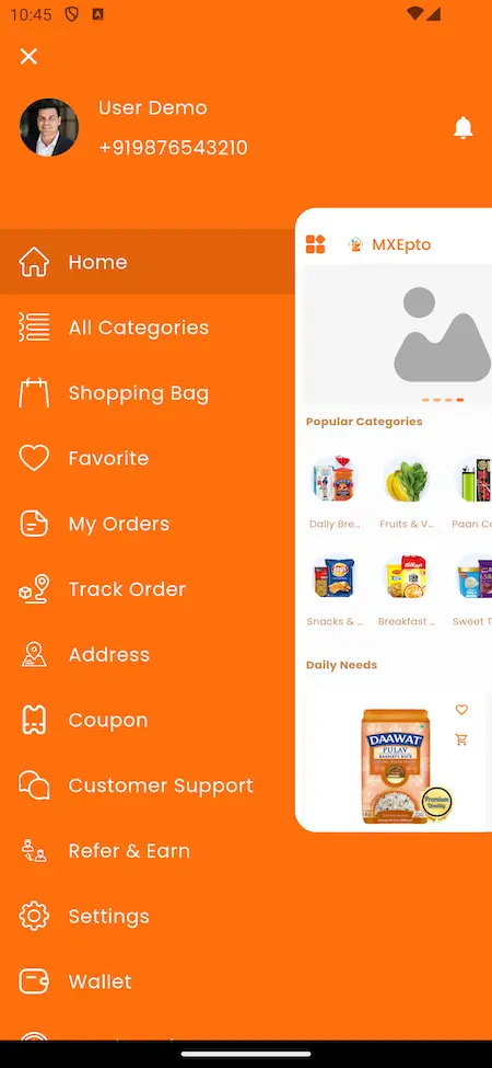 Grofers clone app side menu Screenshot