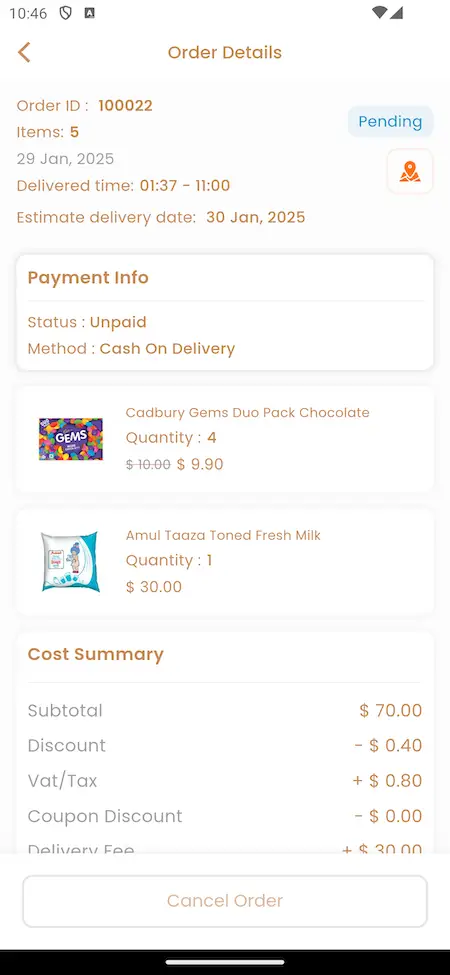 Grofers clone app order detail Screenshot