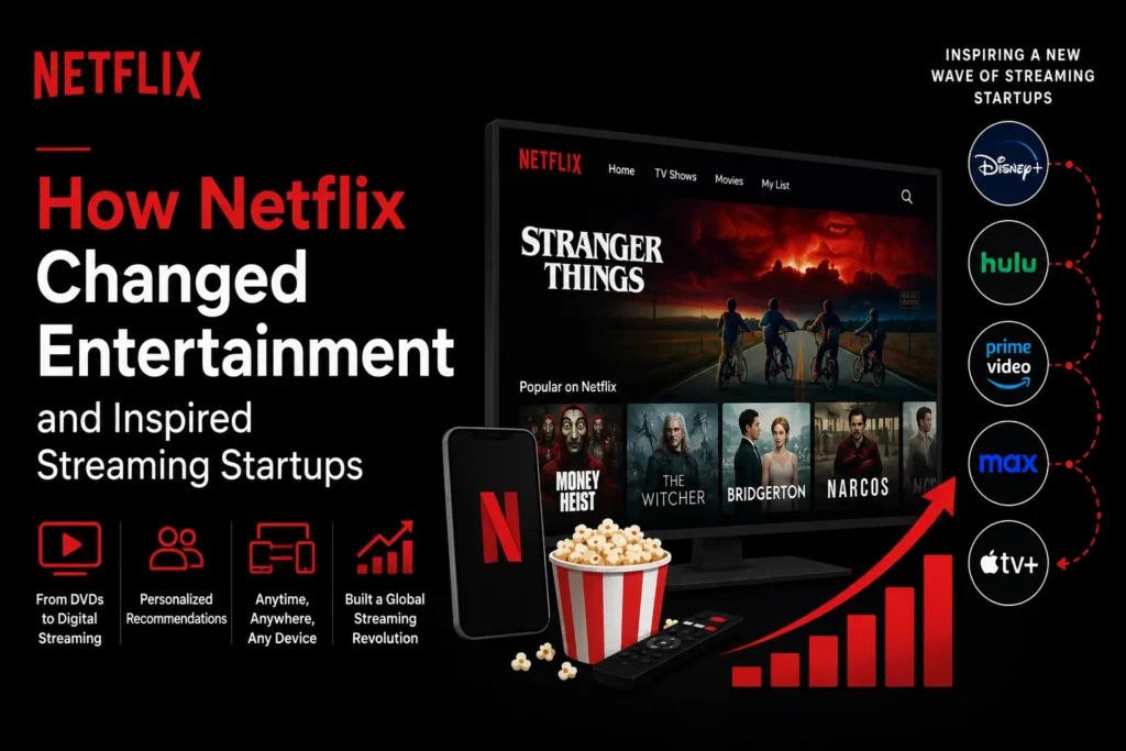 How Netflix changed entertainment and inspired streaming startups, featuring Netflix branding, a streaming interface, mobile viewing, personalized recommendations, global streaming growth, and competing streaming platforms.