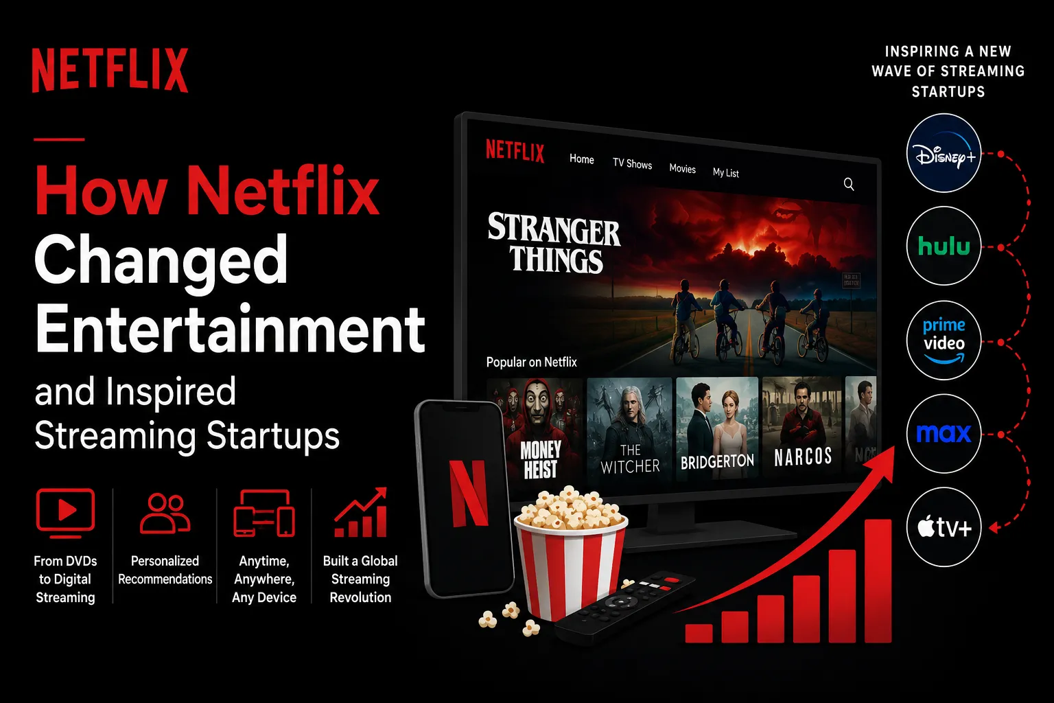 How Netflix changed entertainment and inspired streaming startups, featuring Netflix branding, a streaming interface, mobile viewing, personalized recommendations, global streaming growth, and competing streaming platforms.