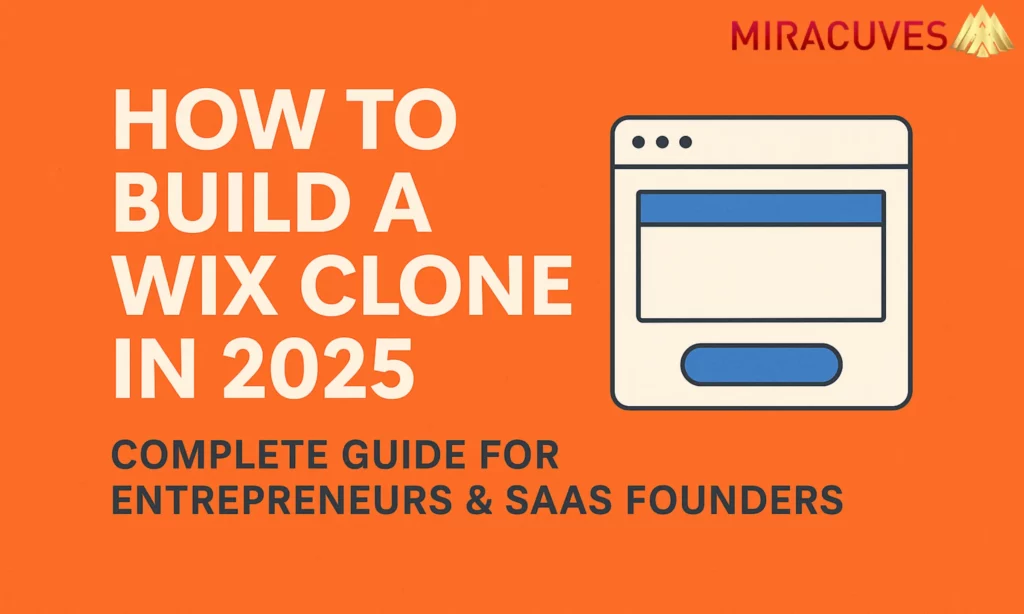 Feature image for a blog post titled ‘How to Build a Wix Clone in 2025,’ with bold text on an orange background and an icon representing a website builder interface