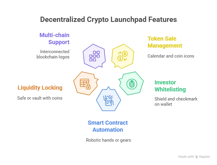 Infographic showcasing decentralized crypto launchpad features: token sale management, investor KYC, smart contract automation, liquidity locking, and multi-chain blockchain support.