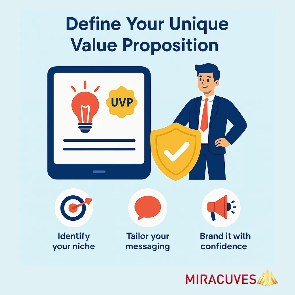 Illustration showing how to define a unique value proposition with niche, messaging, and branding for LinkedIn clone apps