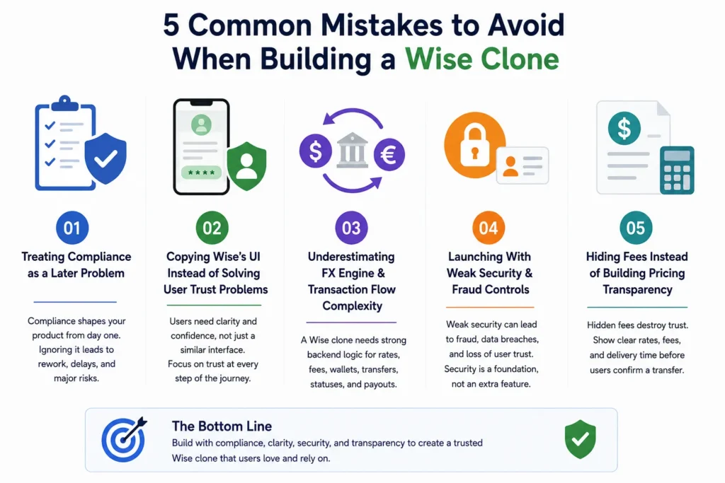 five common mistakes to avoid when building a Wise clone: delaying compliance, copying Wise’s UI instead of building user trust, underestimating FX and transaction complexity, launching with weak security and fraud controls, and hiding fees.