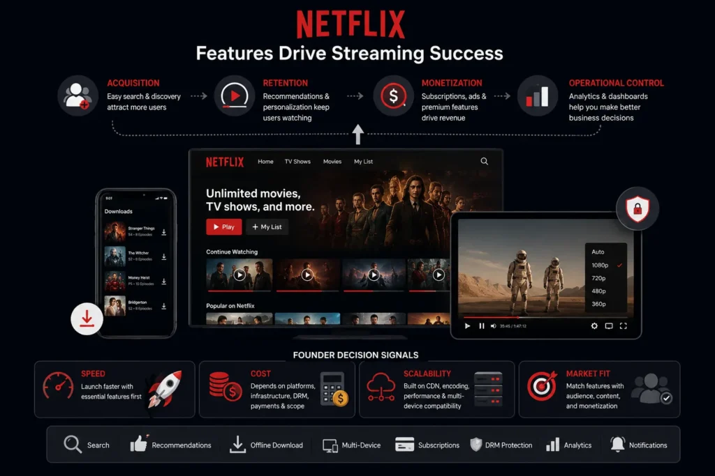 streaming platform like Netflix features infographic showing user acquisition, retention, monetization, DRM protection, offline downloads, analytics, and multi-device streaming capabilities.