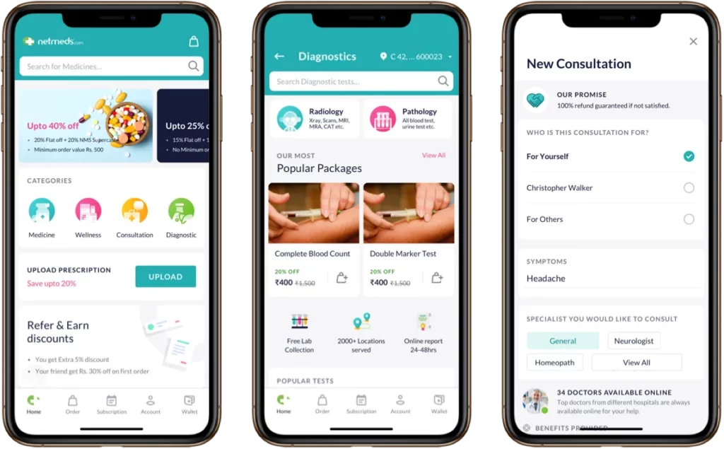 Mobile app interface showing medicine shopping, diagnostic test booking, and new doctor consultation features in an online pharmacy and healthcare platform.”