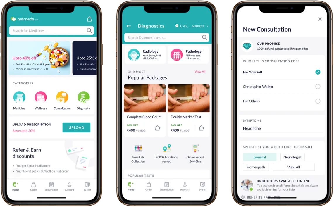 Mobile app interface showing medicine shopping, diagnostic test booking, and new doctor consultation features in an online pharmacy and healthcare platform.”