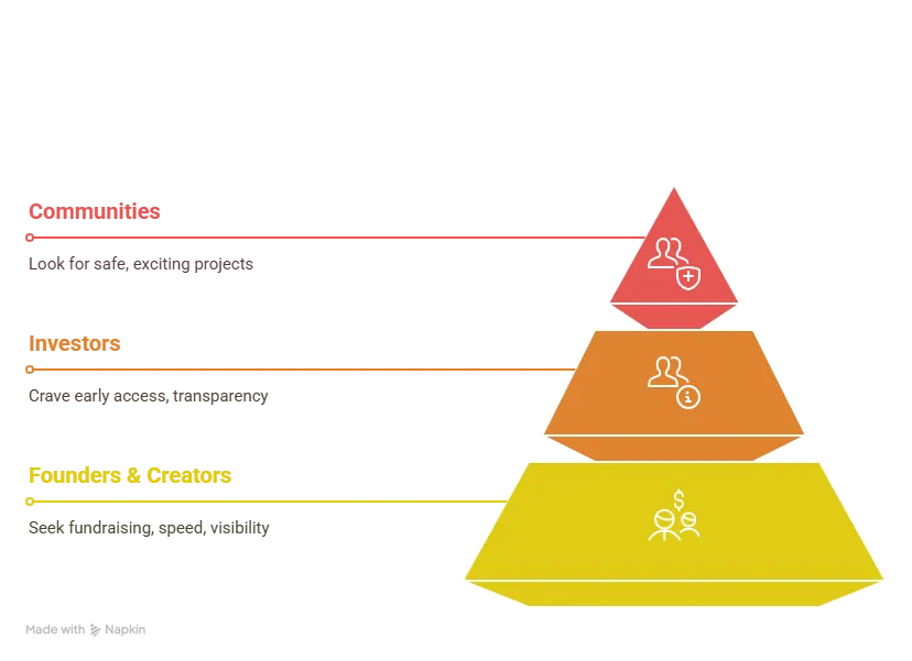 Illustration of user personas for a decentralized crypto launchpad app including founders, investors, and community members