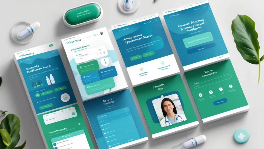 User interface examples of an online pharmacy and healthcare platform displayed across multiple devices, showcasing responsive design and patient-focused features.