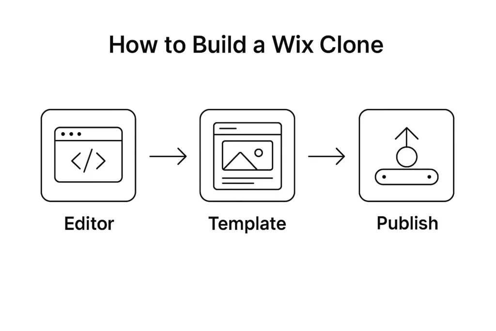 Flowchart showing the website creation process in a Wix clone: Editor stage, followed by Template selection, and ending with Publish step