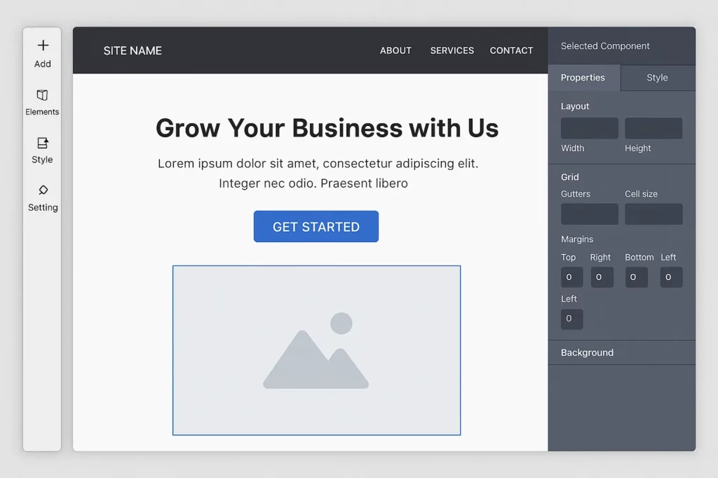 Screenshot of a website builder interface showing drag-and-drop editor with sidebar tools, live page preview, and customization panel—similar to Wix